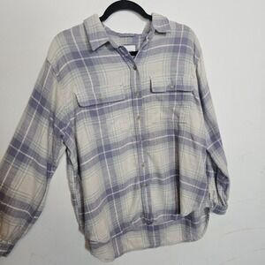 American Eagle Women's Plaid Button Up Flannel Shirt Oversized Med Purple
